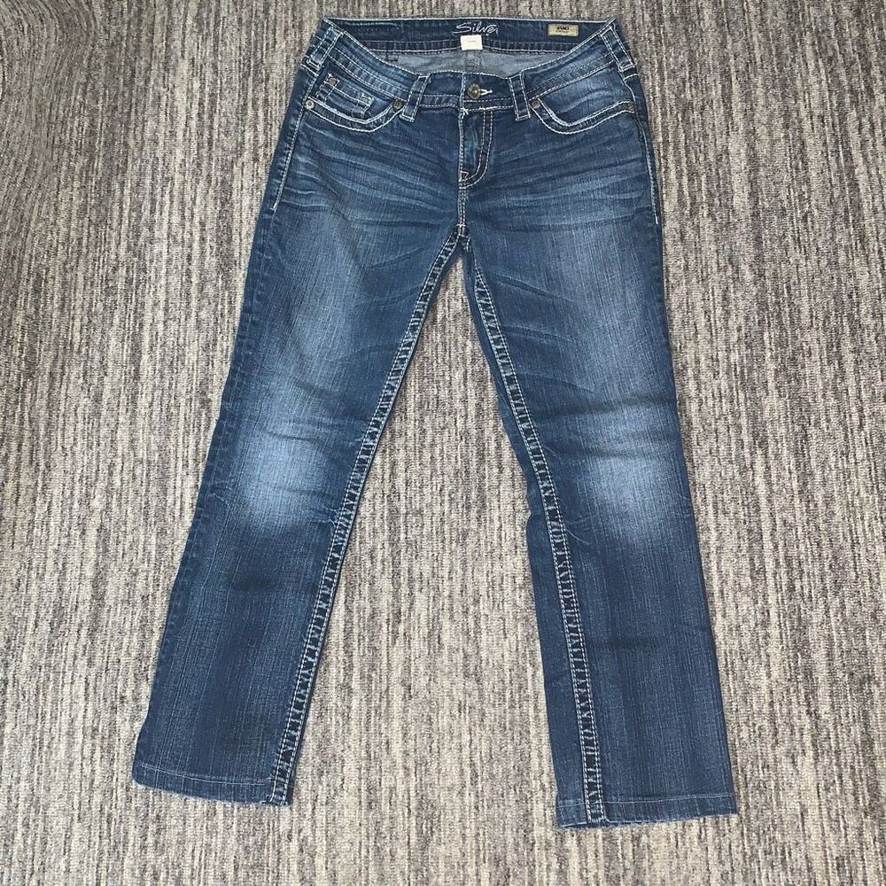 Suki Womens Jeans 29x26 Hemmed Low Rise Denim Silver Blue Straight Leg‎ Pockets